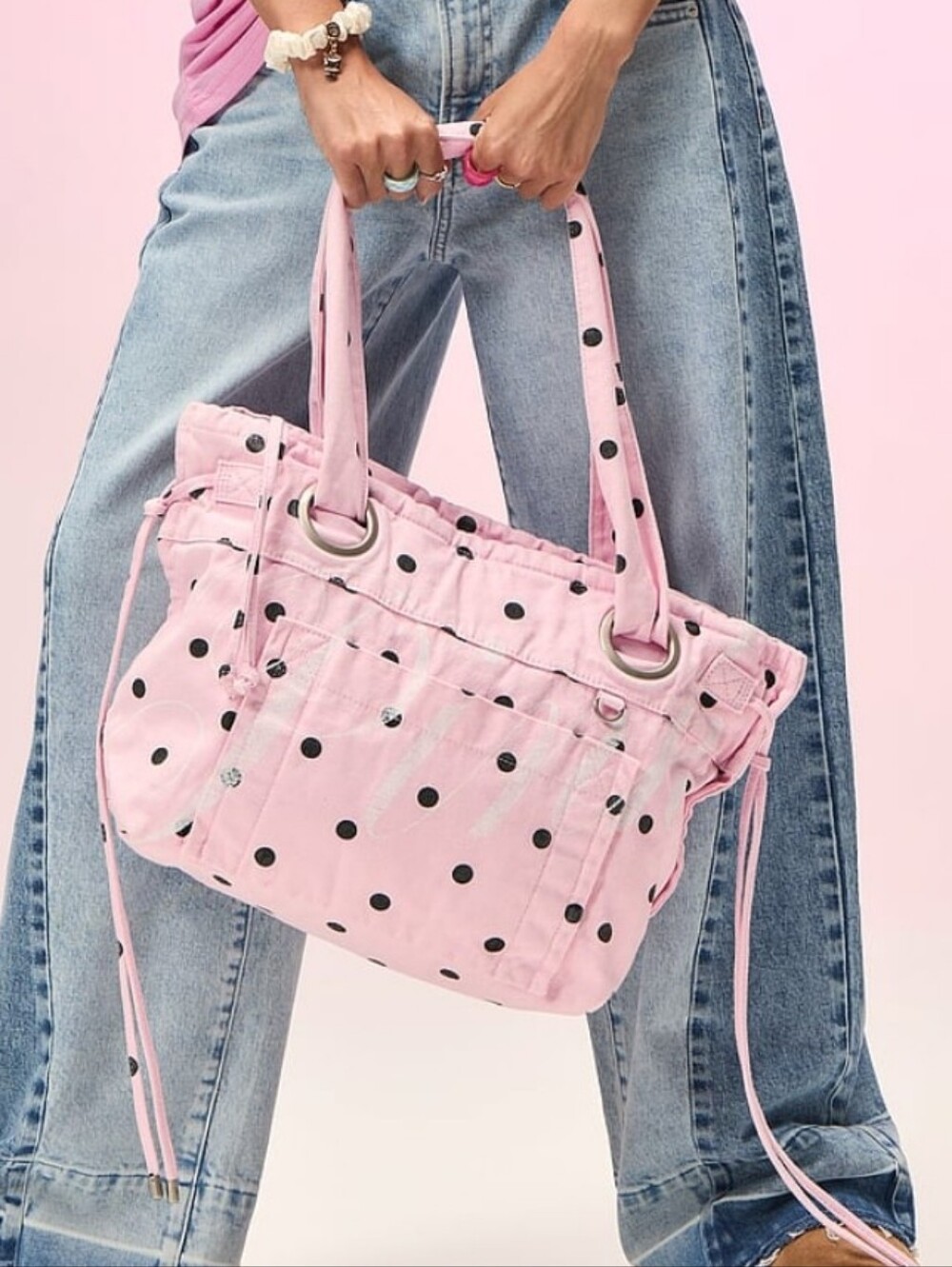 PINK Victoria's Secret Canvas Flat Bottom Tote Bag In Pink Dot NEW MSRP $69.95